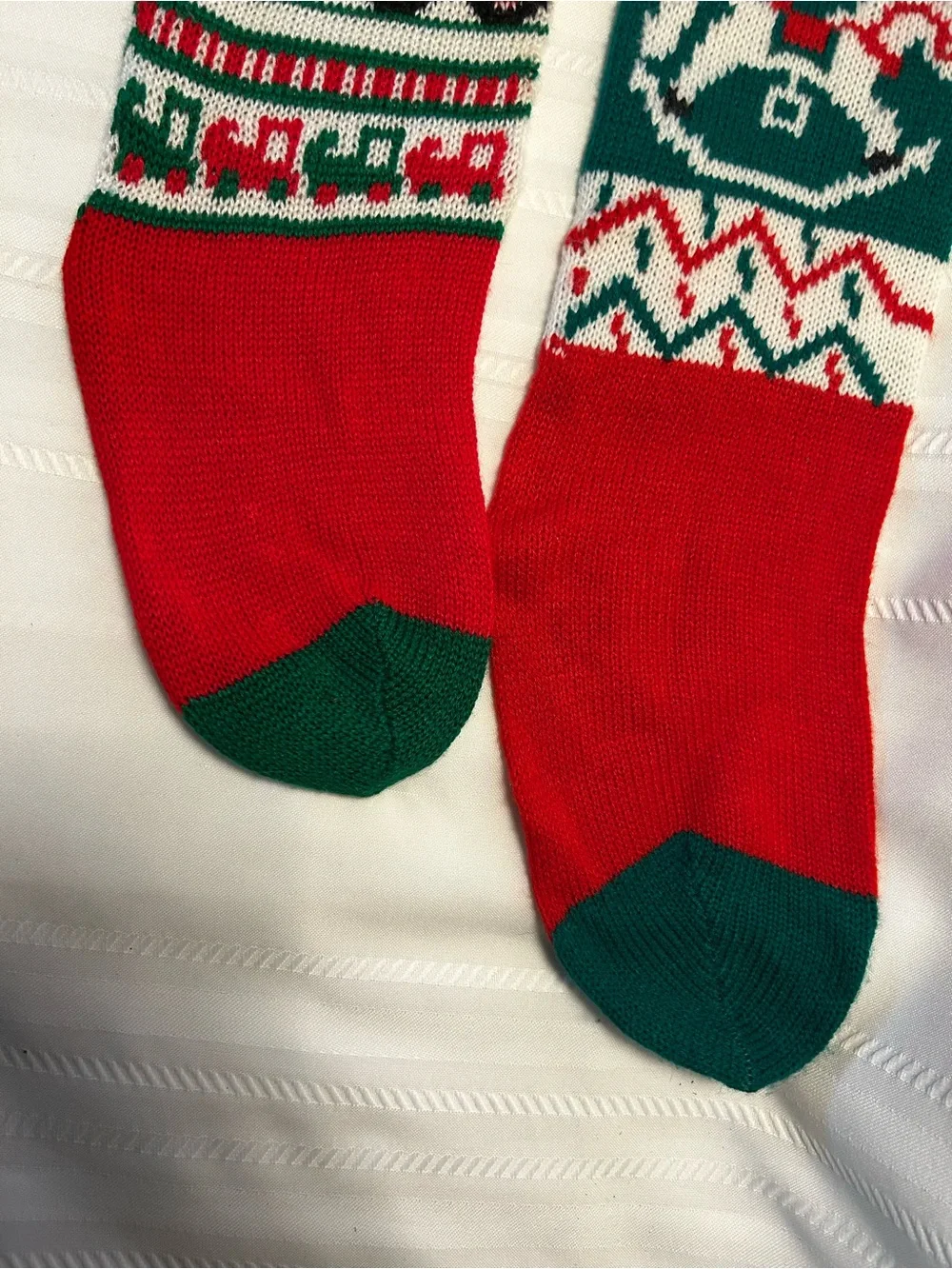 Vintage Set of 2 Christmas Stockings Baby's First Christmas Trains Red Green
